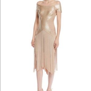 Herve Leger Off-the-Shoulder Foil Fringe Dress
